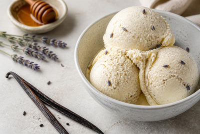 Dairy-free honey lavender vanilla ice cream made with Ugandan vanilla