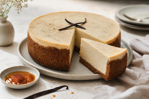 Dairy-free maple vanilla cheesecake made with Tahitian vanilla