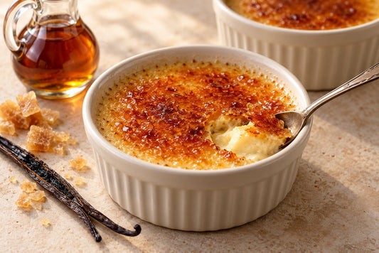 Dairy-Free Maple Vanilla Crème Brûlée in a ramekin with a caramelized sugar crust