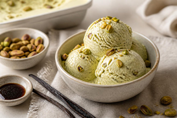 Dairy-free pistachio vanilla ice cream made with Madagascar vanilla