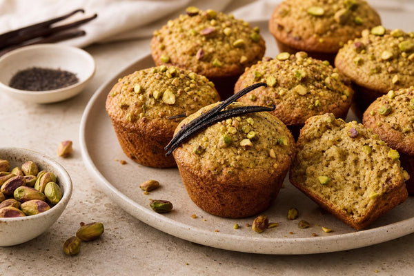 Dairy-free pistachio vanilla muffins made with Madagascar vanilla