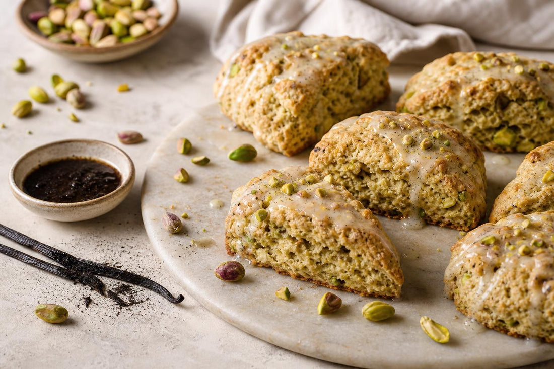Dairy-free pistachio vanilla scones made with Mexican vanilla