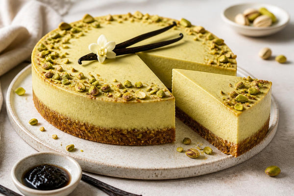 Dairy-free pistachio vanilla cheesecake made with Tahitian vanilla