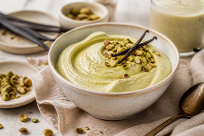 Dairy-free pistachio vanilla pudding made with Tahitian vanilla