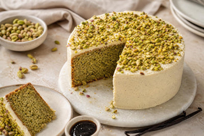 Dairy-free pistachio vanilla layer cake