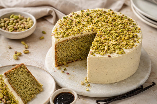 Dairy-free pistachio vanilla layer cake