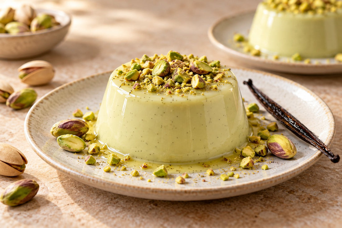 Dairy-Free Pistachio Vanilla Panna Cotta, unmolded on a plate with vanilla beans