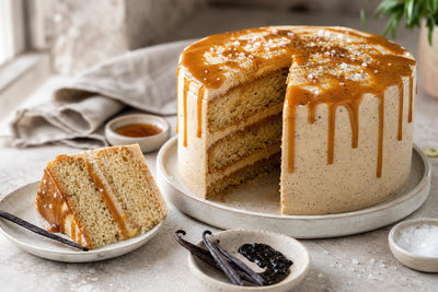 Dairy-free salted caramel vanilla layer cake made with Mexican vanilla