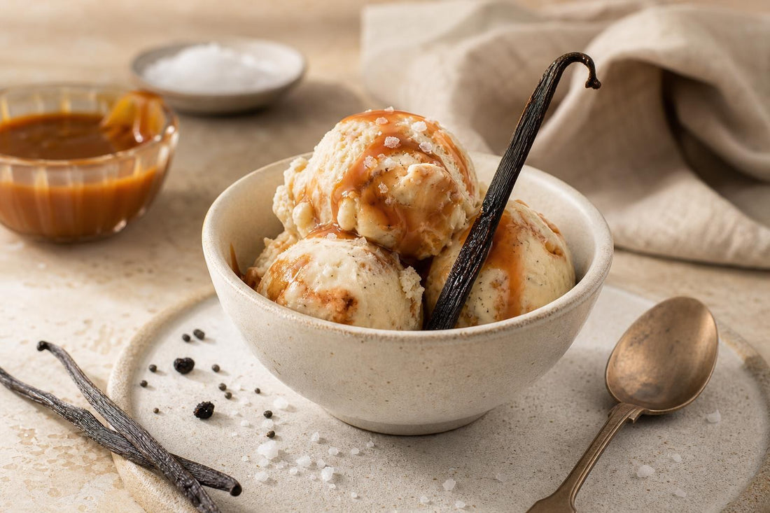 Dairy-free salted caramel vanilla ice cream made with Mexican vanilla