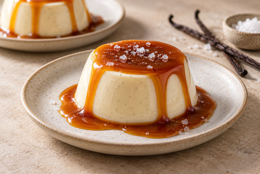 Dairy-Free Salted Caramel Vanilla Panna Cotta, unmolded on a plate with vanilla beans
