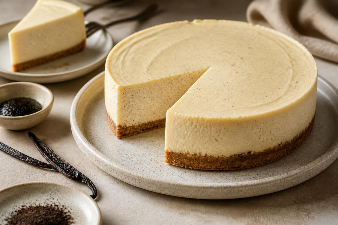 Dairy-free vanilla cheesecake made with Tahitian vanilla