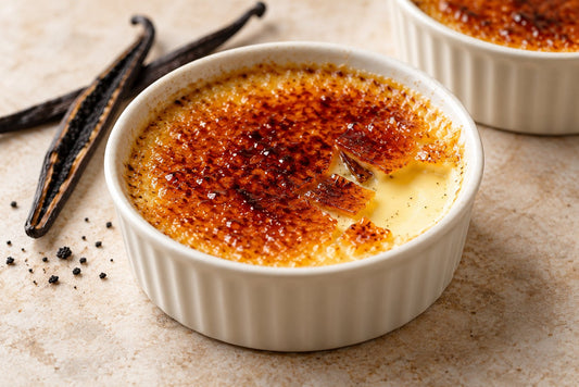 Dairy-Free Vanilla Crème Brûlée in a ramekin with a caramelized sugar crust
