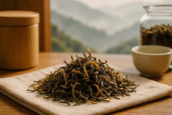 Loose-leaf Darjeeling tea with golden tips on linen, Himalayan hills in background