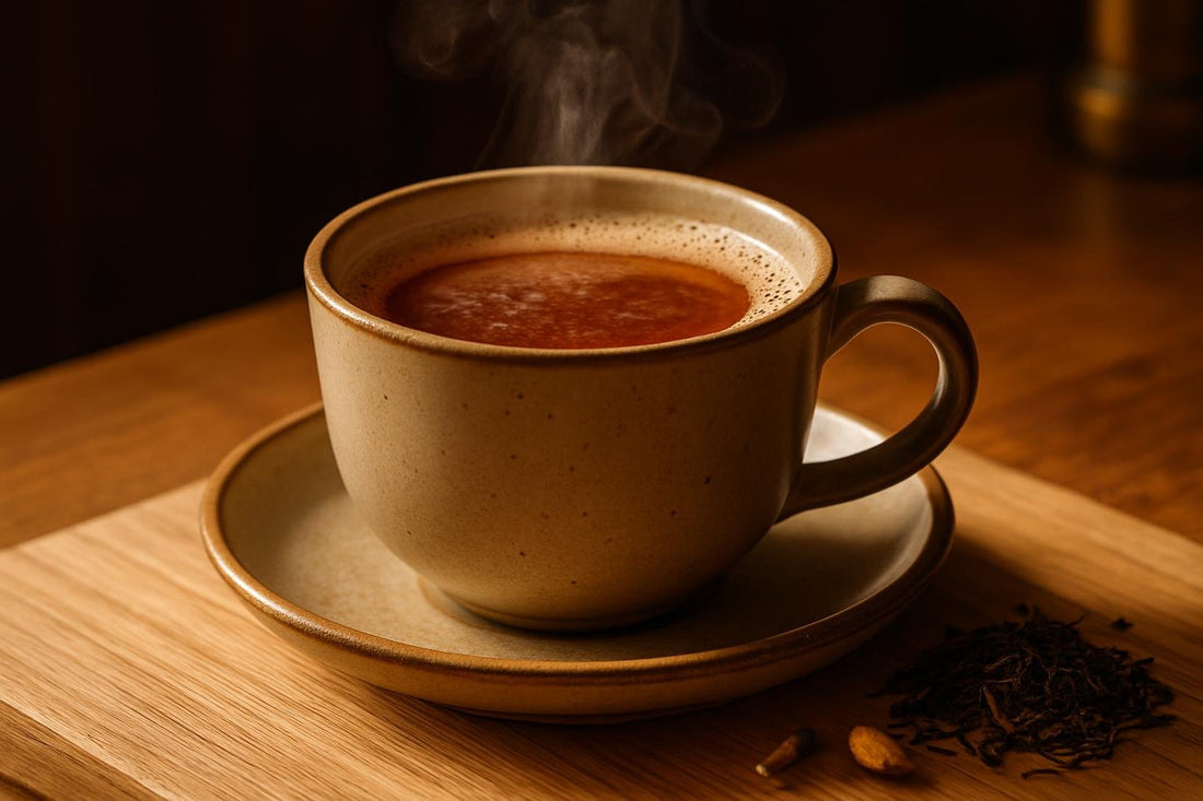 Darjeeling Tea in a ceramic mug on an oak kitchen island