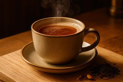 Darjeeling Tea in a ceramic mug on an oak kitchen island
