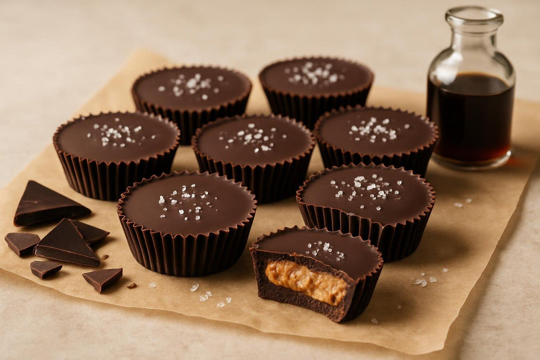 Homemade dark chocolate almond butter cups on parchment