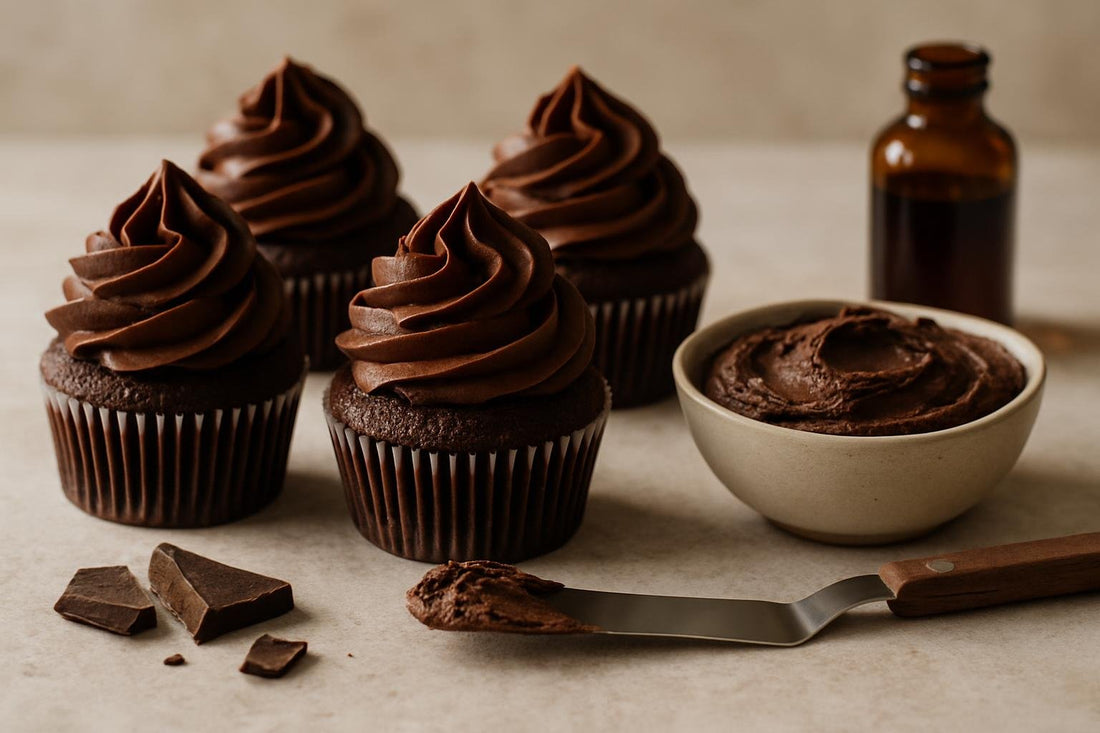 Cupcakes piped with dark chocolate buttercream frosting