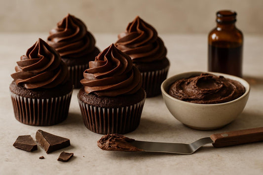 Cupcakes piped with dark chocolate buttercream frosting