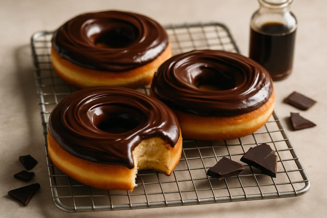 Doughnuts finished with dark chocolate ganache topping on a cooling rack