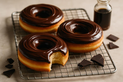Doughnuts finished with dark chocolate ganache topping on a cooling rack