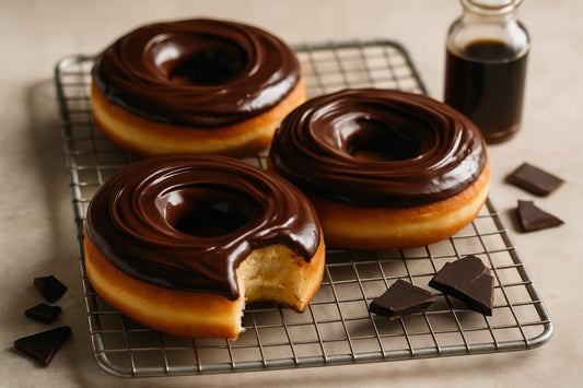Doughnuts finished with dark chocolate ganache topping on a cooling rack
