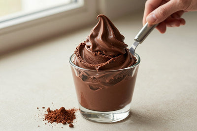A generous swirl of dark chocolate gelato in a small glass cup with a flat gelato spade