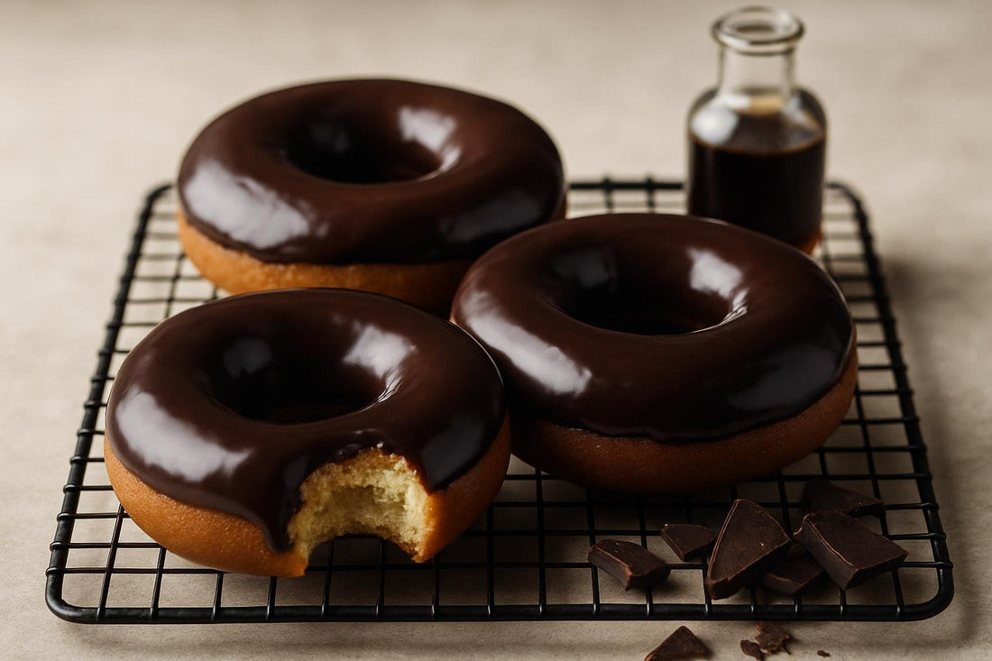 Doughnuts finished with dark chocolate glaze on a cooling rack
