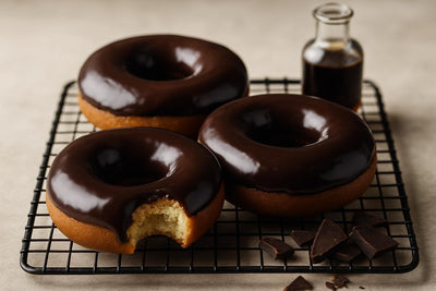 Doughnuts finished with dark chocolate glaze on a cooling rack