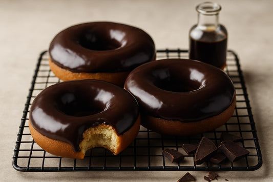 Doughnuts finished with dark chocolate glaze on a cooling rack