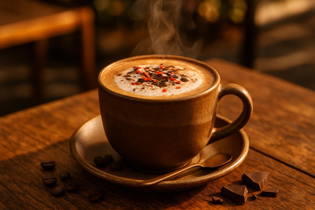 Dark Chocolate Peppermint Latte in a ceramic mug on an oak patio table