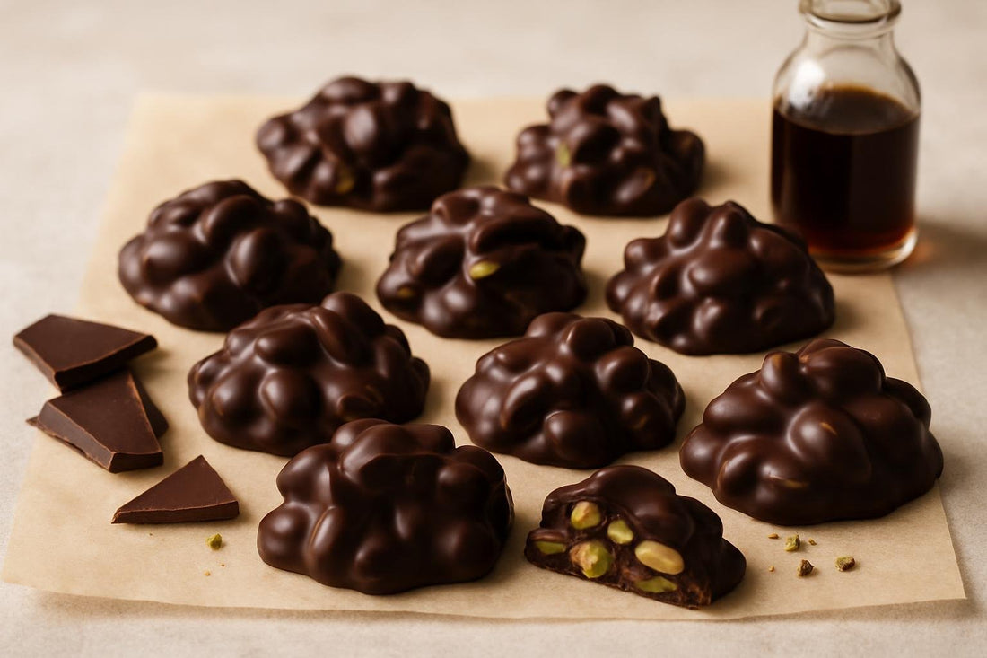 Homemade dark chocolate pistachio clusters on parchment