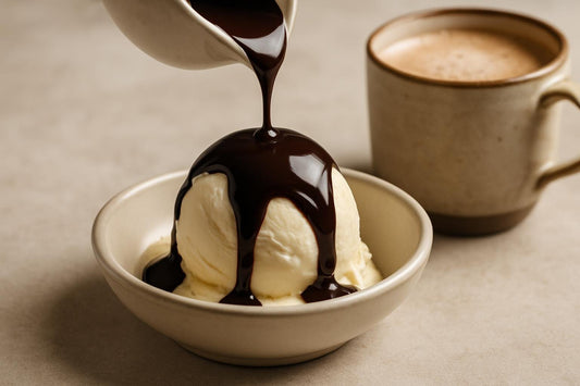 A small pitcher pouring glossy, very dark chocolate sauce over a scoop of vanilla ice cream, a mocha in a ceramic mug behind 