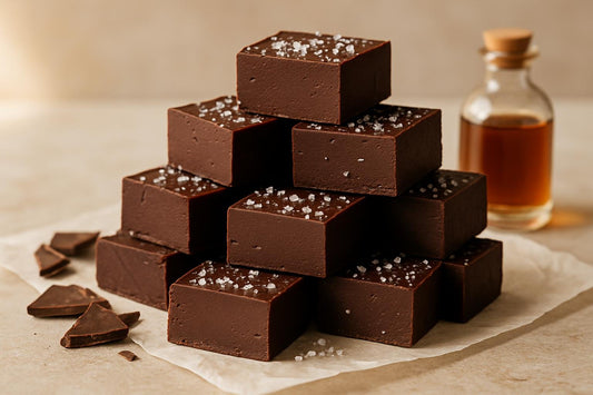 Squares of dark chocolate sea salt fudge on parchment