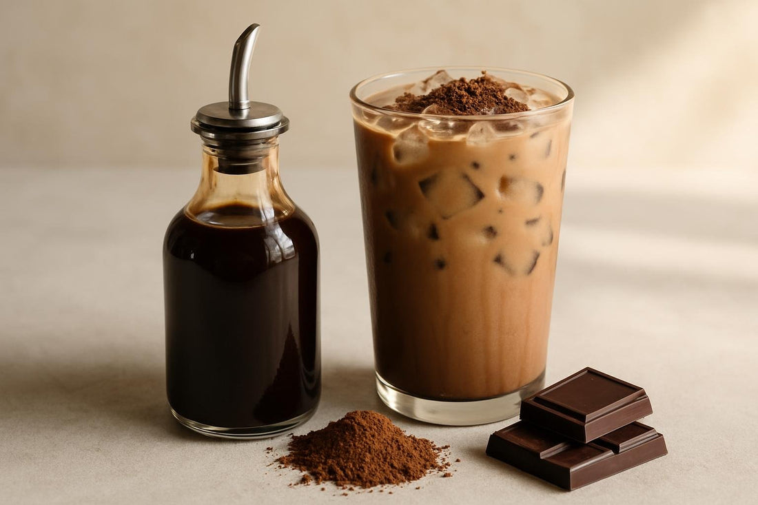 A small glass bottle of dark chocolate syrup with a pour spout, beside an iced latte sweetened with it