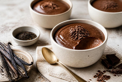Dark chocolate vanilla pudding made with Ugandan vanilla