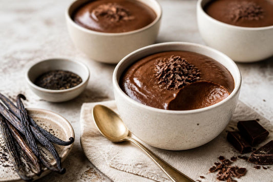 Dark chocolate vanilla pudding made with Ugandan vanilla