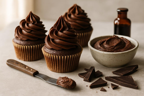 Cupcakes piped with dark chocolate whipped ganache frosting