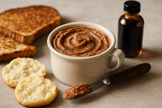 Date Cinnamon Butter in a crock with warm biscuits
