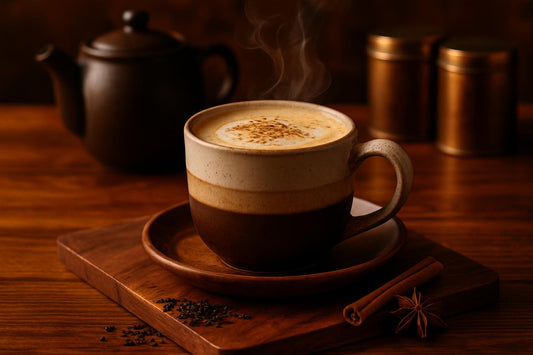 Dirty Chai in a ceramic mug on an oak serving board
