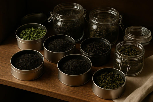 Loose leaf tea stored in airtight containers on pantry shelf showing proper tea storage methods