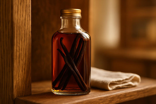 Pure vanilla extract in dark glass bottle showing proper storage conditions for maximum shelf life