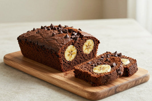 A loaf of double chocolate bread on a wooden board, two thick slices cut to show the moist crumb