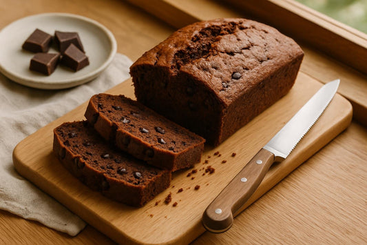 Double Chocolate Bread loaf with sliced pieces on an oak board