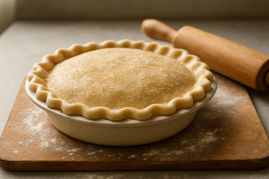 An unfilled, crimped double-crust pie dough in a ceramic pie plate on a floured wooden board with a rolling pin beside it