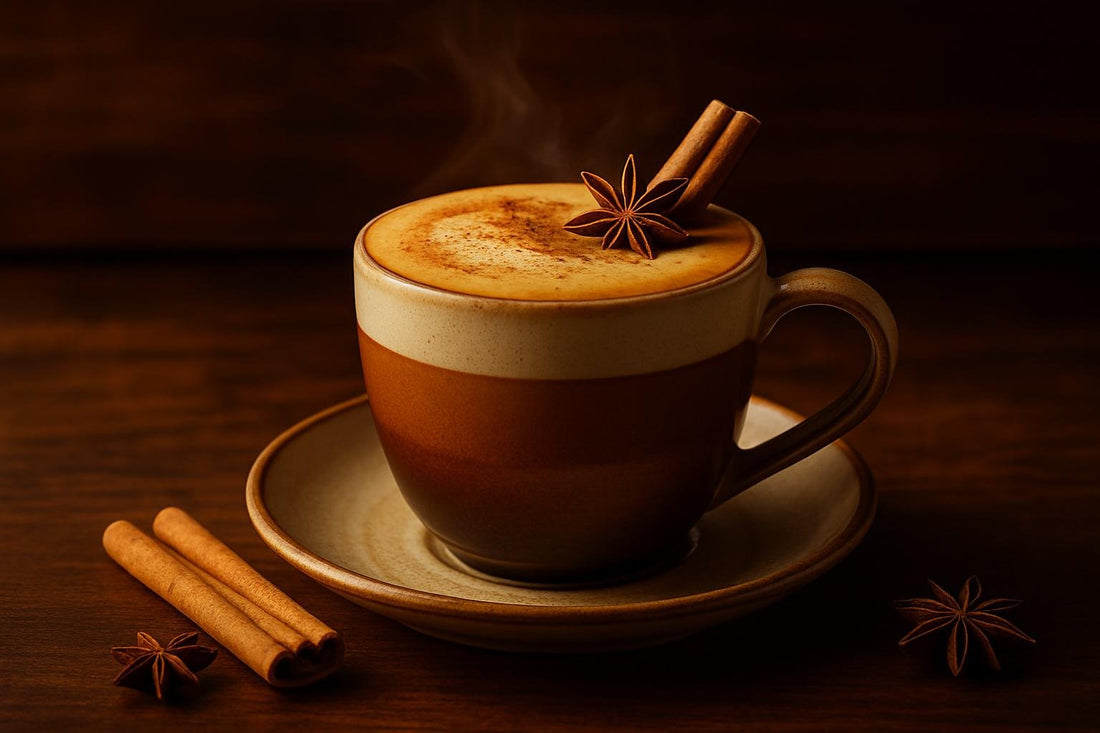Double Dirty Chai in a ceramic mug on an oak bar
