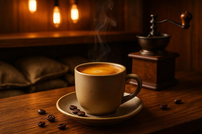 Double Espresso in a ceramic mug on an oak bar
