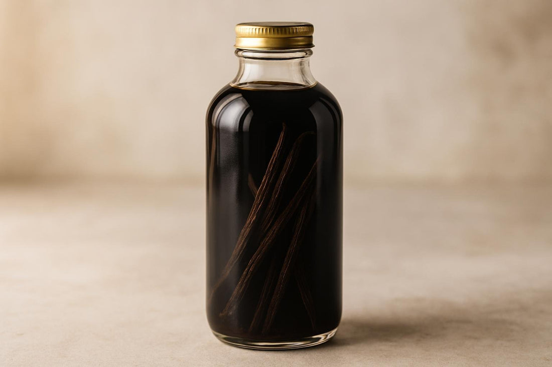 Bottle of homemade double-fold vanilla extract packed with vanilla beans