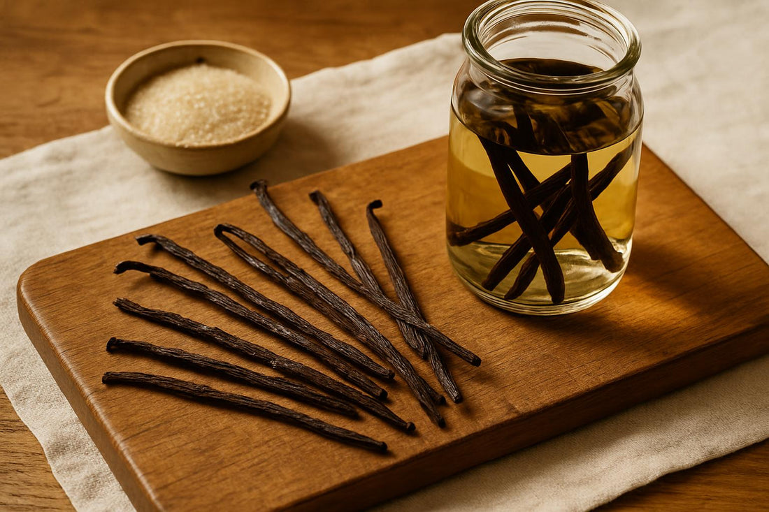 Several brittle, dried vanilla beans scattered on a wooden cutting board next to a glass jar filled with vodka and split