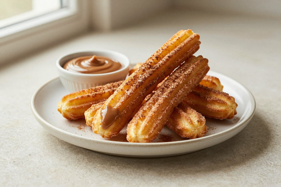 Dulce de leche churros piled on a plate, coated in cinnamon sugar, with a small bowl of dipping sauce