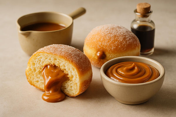 Filled doughnut cut open to show dulce de leche filling